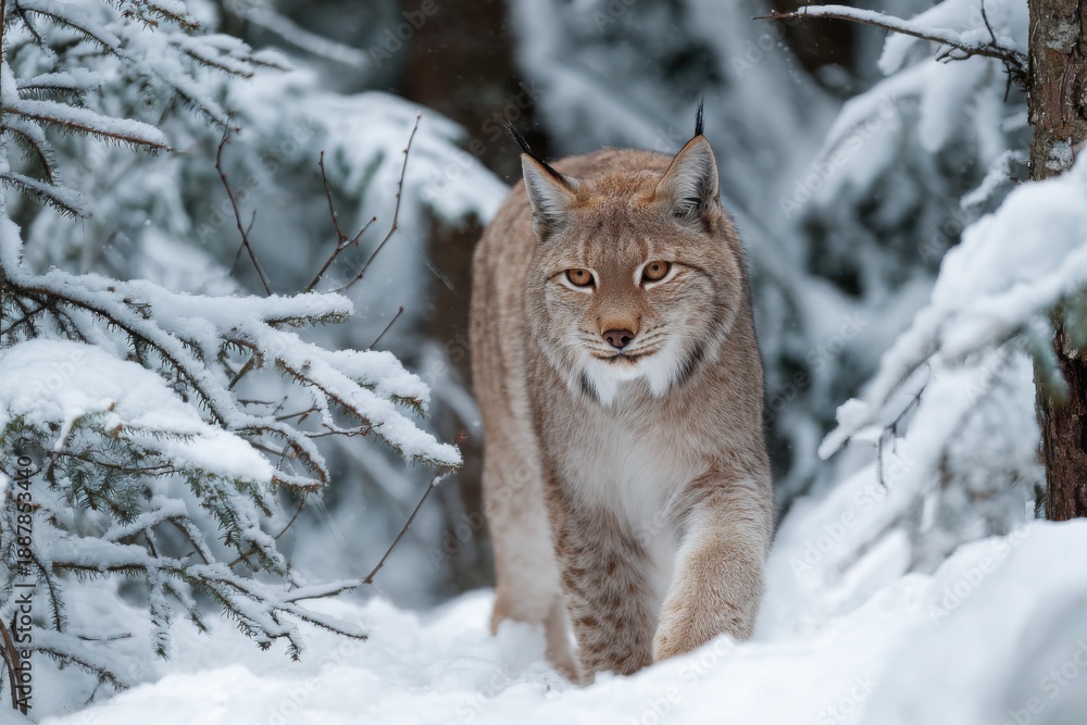 Fototapeta premium A lynx moves softly across the snowy ground, surrounded by frosted trees. Its sharp gaze and elegant stride display the beauty of nature in a tranquil winter setting