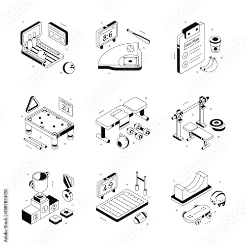 Creatively designed amazing sports games and fitness isometric illustrations set