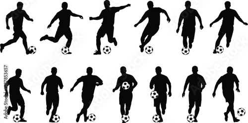 Black silhouette soccer players set performing dribbling kicking and running actions isolated on white background illustrating football sport movement teamwork athletic performance and competition