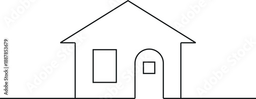 A minimalist line drawing depicts a simple house with a doorway and chimney