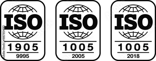 Three ISO 10005 Standards Badges with Different Numbers and Years Keywords: iso, 10005, 1905, 9995, 2005, 2018, standard
