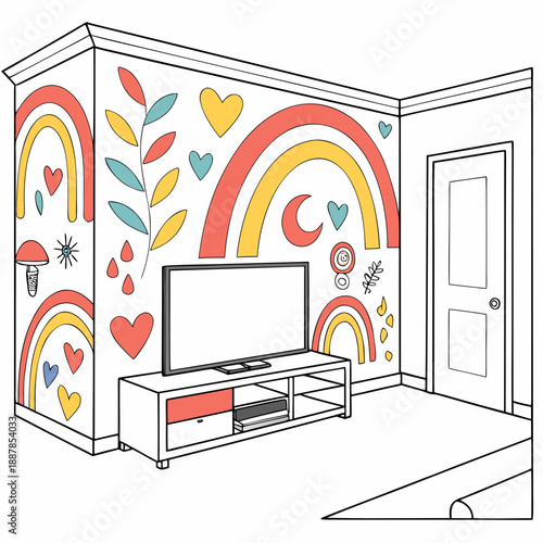 Colorful living room with rainbow wall mural