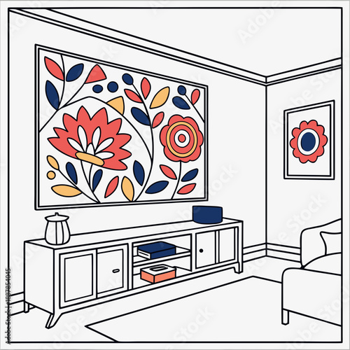 Modern living room with floral wall art