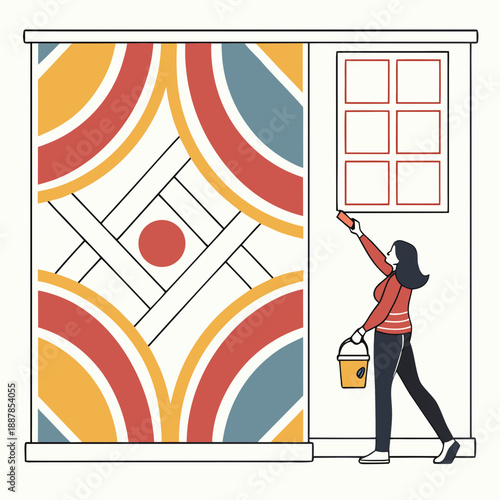 Woman cleaning a colorful mural