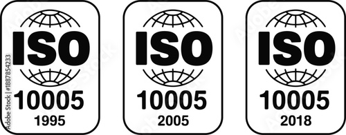 Three ISO 10005 Standards Badges with Different Years on White Background Keywords: iso, 10005, 1995, 2005, 2018, standard