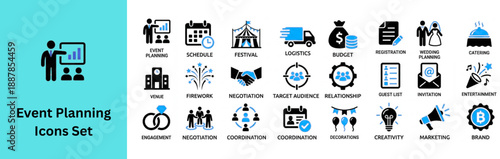 Event Planing Icon Set. Catering icon set Containing event planning, dish, wedding, delivery, calendar, agreement, invitation and more. 