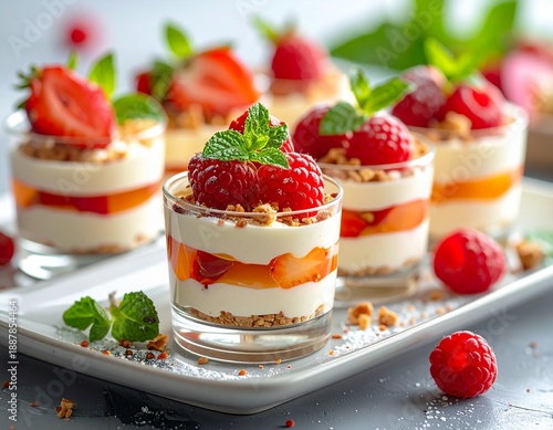 ​Healthy Greek yogurt parfait with fresh raspberries, strawberries and granola in small glasses, low sugar dessert on elegant tray.