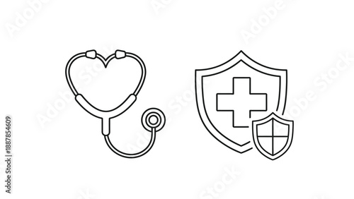 Simple line art icons depicting medical concepts including a stethoscope shaped like a heart and a protective shield symbol representing health insurance coverage and safety