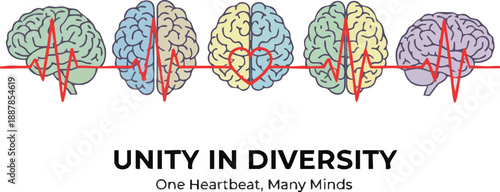 A diverse group of brains connected by a heartbeat on transparent background