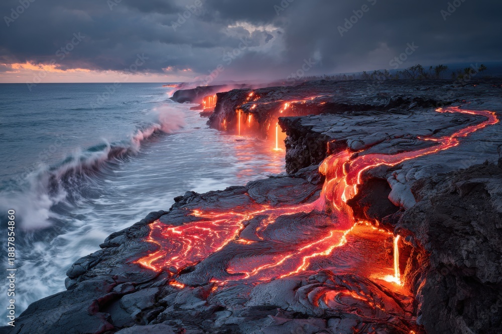 Fototapeta premium Fiery lava flows dramatically meet the ocean, sending up clouds of steam as the sun sets. The vibrant colors illuminate the rocky landscape, showcasing nature's power