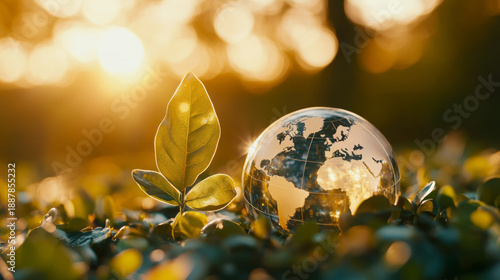 Sustainable business portrayed as interconnected earth globe with green plant growing in natural sunlight, symbolizing environmental care and global ecology awareness