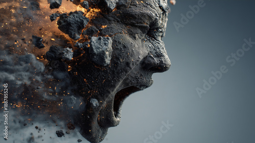 A screaming face made of coal and embers symbolizes the emotional outburst of anger and fear.