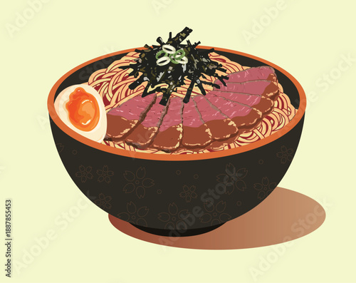 Hand-painted illustration of traditional Chinese staple food, a bowl of hand-rolled noodles and pulled noodles with beef, pork and sliced meat, suitable for breakfast, lunch and dinner, with Chinese c