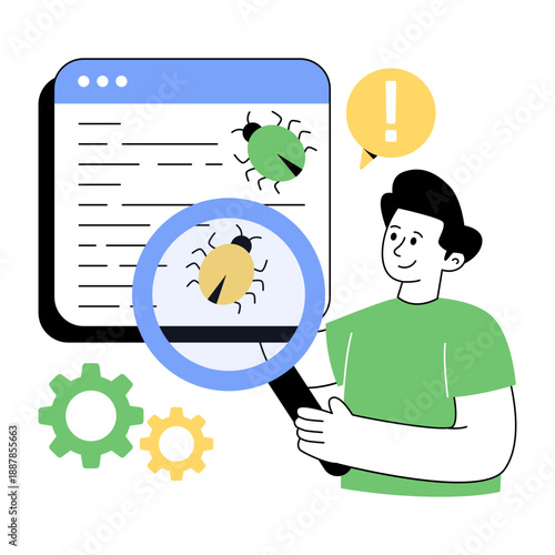      Virus under magnifying glass, debugging illustration 