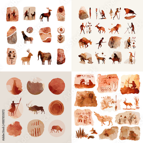 Prehistoric cave art style illustration with animals hunters symbols and tribal figures painted in earthy watercolor tones inspired by ancient rock paintings.
