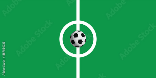 Ball on soccer field top view, football pitch view from above, poster with space for text, vector