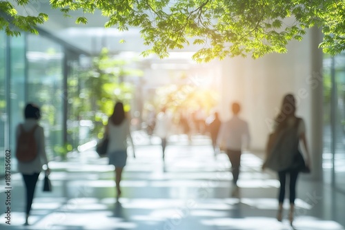 Blurred background of people walking in a modern building with green trees and sunlight.