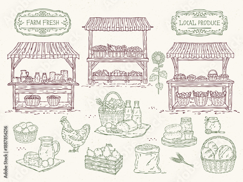 Hand-drawn vector line art illustration of a farmers market scene with stalls of bakery goods, dairy products, vegetables and fruits, featuring milk, sweet pastries, chicken and grain in clean outline