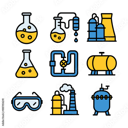 Chemical Industry and Laboratory Research Icons. Oil Refinery, Chemical Processing, and Scientific Equipment