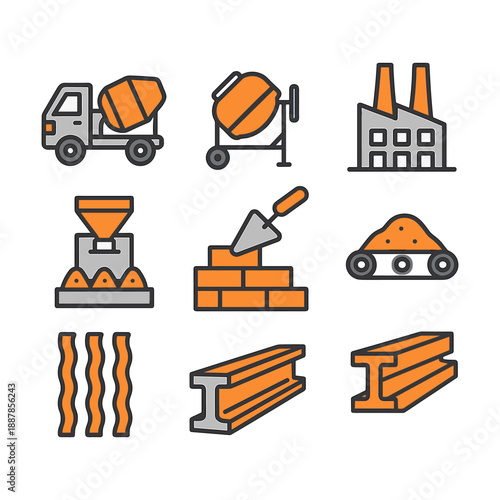 Construction Materials and Building Industry Icons. Concrete Mixer, Bricks, and Steel Beams