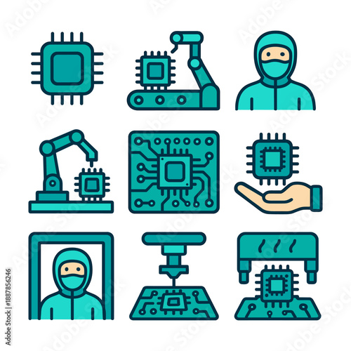 Semiconductor Manufacturing and Microchip Production Icons. High-Tech Electronics Assembly in Clean Room
