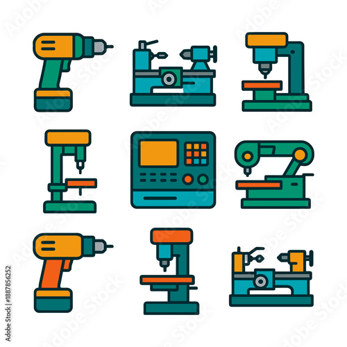 Metalworking and Machining Tools Icons. Industrial Drill Press, Lathe Machine, and CNC Equipment