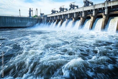 Hydroelectric dam with rushing water and turbines turning.