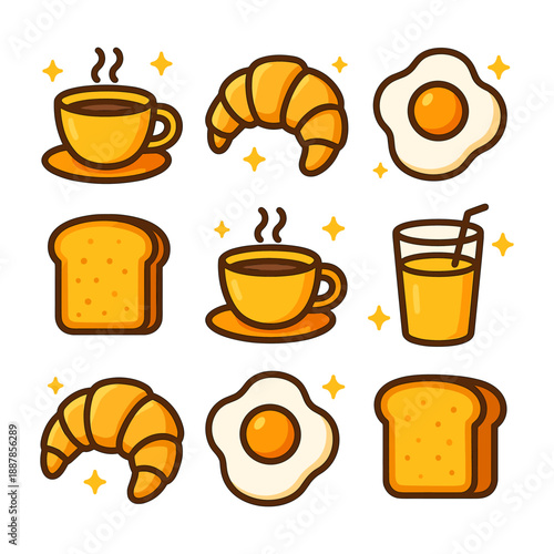 Breakfast Food and Drink Icon Set. Coffee, Croissant, Fried Egg, and Toast Illustration