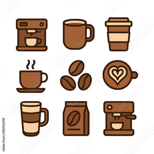Coffee shop and brewing equipment icons with coffee machine, mugs, beans and latte art
