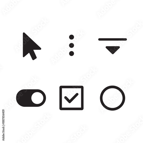 Essential User Interface Control Icons with Cursor, Menu, Toggle, and Checkbox