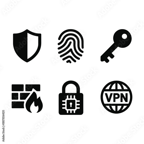 Cyber Security and Data Protection Icons Featuring VPN, Firewall, and Fingerprint