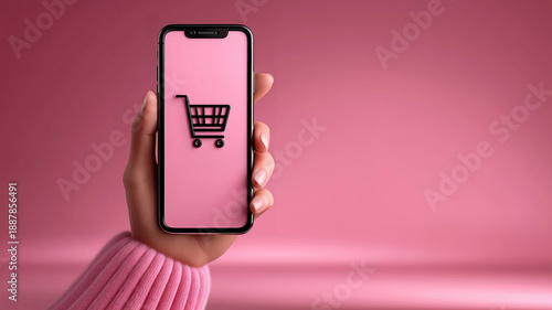 Wallpaper Mural Modern digital lifestyle shown by hand holding smartphone displaying online shopping cart icon Torontodigital.ca