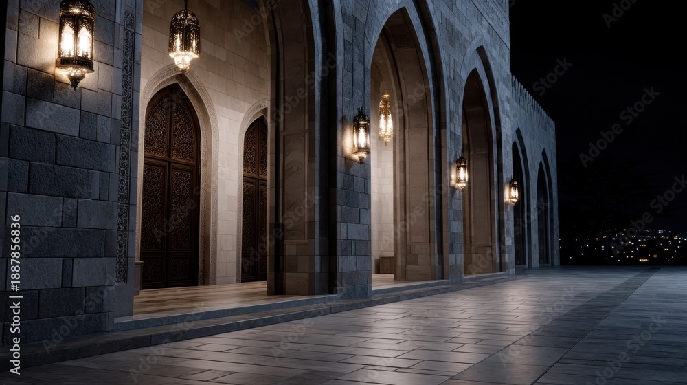 Obraz premium Nighttime Perspective of Glowing Mosque Façade with Elegant Architectural Details