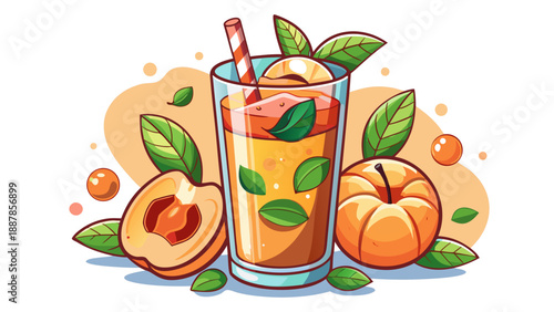 Very beautiful peach iced tea with fresh mint leaves on a white background, refreshing summer beverage concept ideal for drink menus, healthy refreshments, minimal food design, and advertising visuals