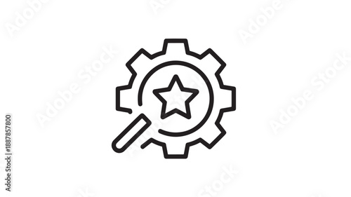 Magnifying Glass with Star Inside Gear Icon, Quality Control Symbol, Black Outline on White Background