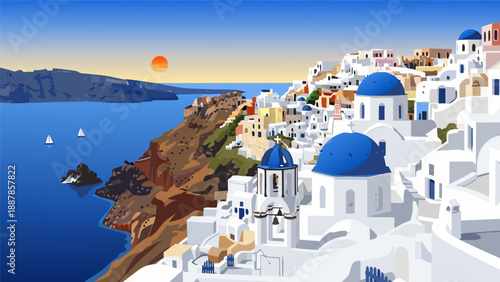 Beautiful Mediterranean village on a cliffside, vector illustration of Santorini, Greece, with white buildings and blue domes