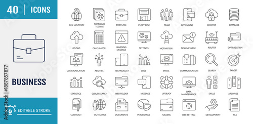 Business icon set. Includes economic, graph, management, document, business, analysis, tools, and more. Vector Illustration with editable strokes