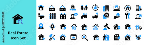 Real estate icon set Containing house, buy, tools, sell, smart home, building, mortgage, address, renovation, land, kitchen, bedroom, living room, bathroom. 