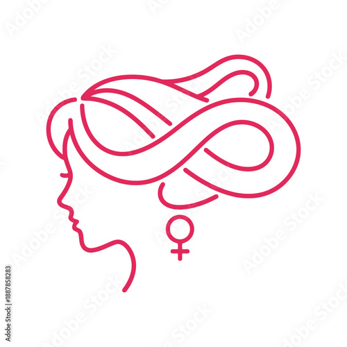 Women's Day vector clipart with female profile, infinity hair, and feminist symbol in line art style