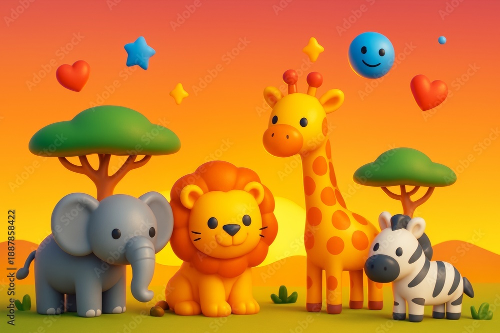 Fototapeta premium Cute cartoon safari animals including elephant, lion, giraffe, and zebra in colorful sunset savanna with trees, hearts, and stars in the sky. Ai generative