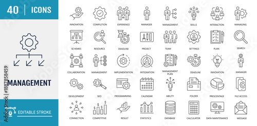 Management Icons set. Includes functions, principles, goals, and more. Vector Illustration with editable strokes