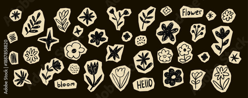 Floral shapes collection with crayon drawn textures. Collage paper drawn flower stickers. Set of scrap book floral elements