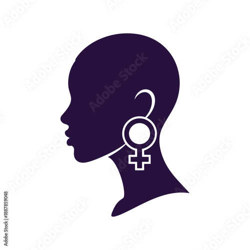 Women's Day vector clipart silhouette with female profile and feminist symbol earring for empowerment designs