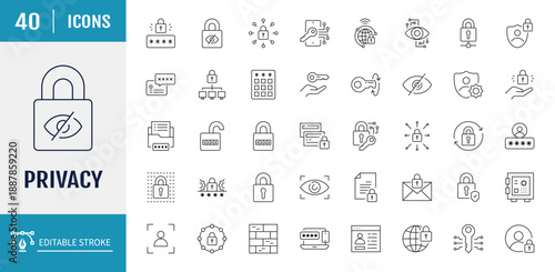 Privacy icon set. Includes lock, safety, security, protection, access, secure of data, document, recognition, security camera, and more. Vector Illustration with editable strokes