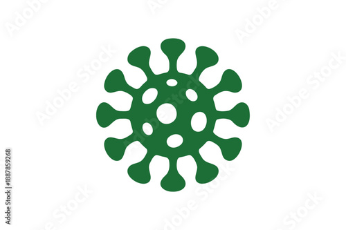 Green virus particle with spiky surface and white background