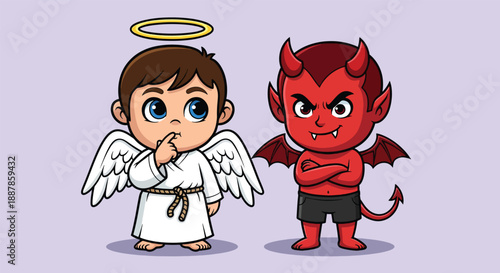 Cute Angel and Devil Characters Facing Each Other.