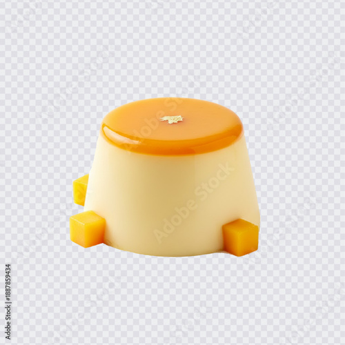 A creamy, smooth mango pudding or panna cotta with a vibrant orange glaze and fresh mango cubes. This gourmet treat offers a delicious, tropical flavor.