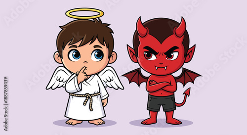 Cute Angel and Devil Characters Facing Each Other Illustration 