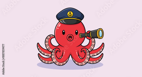 Cute Cartoon Captain Octopus Holding Telescope.