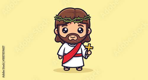 Cute Jesus Christ Character Holding Cross.